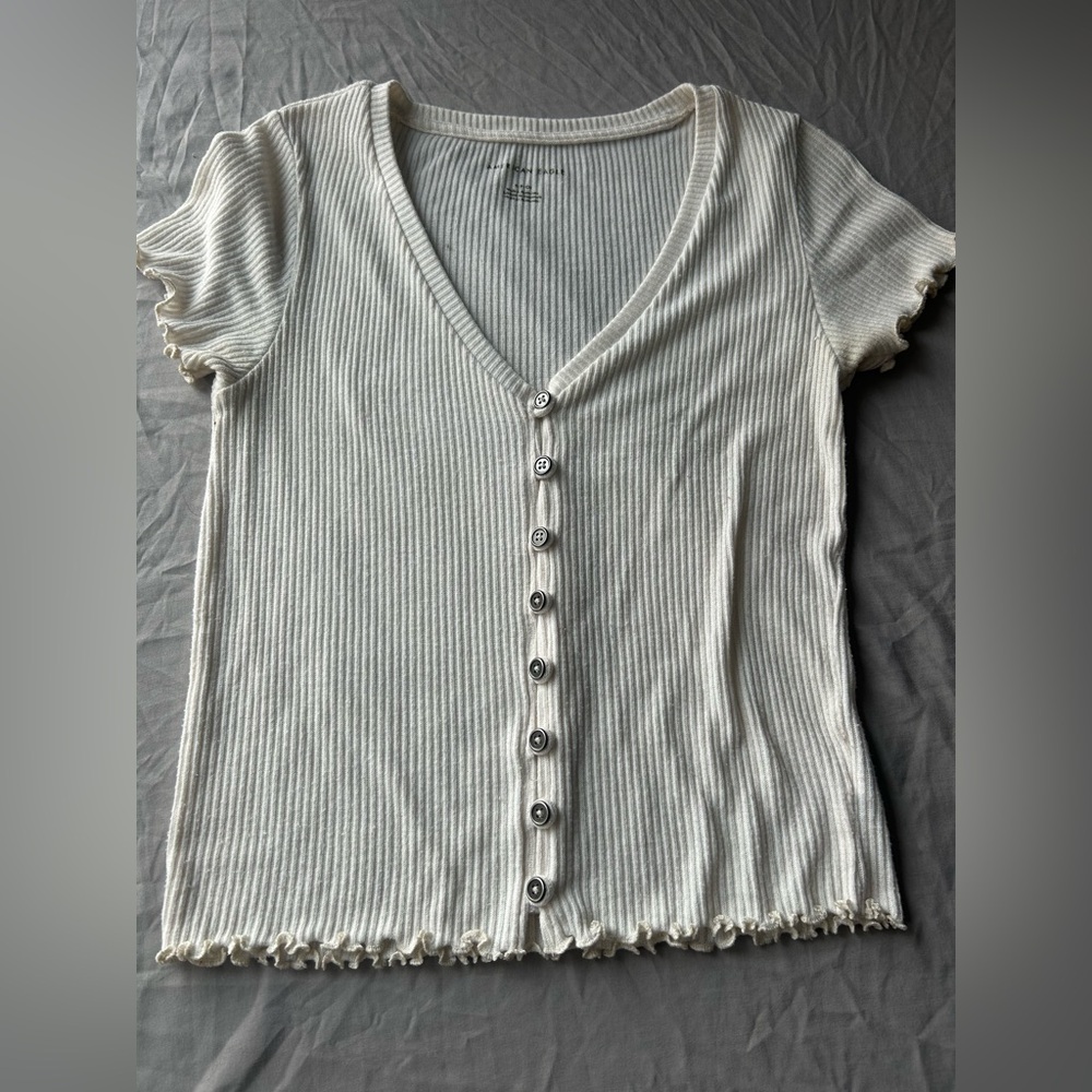 Cream Ribbed Button-Up Top from American Eagle